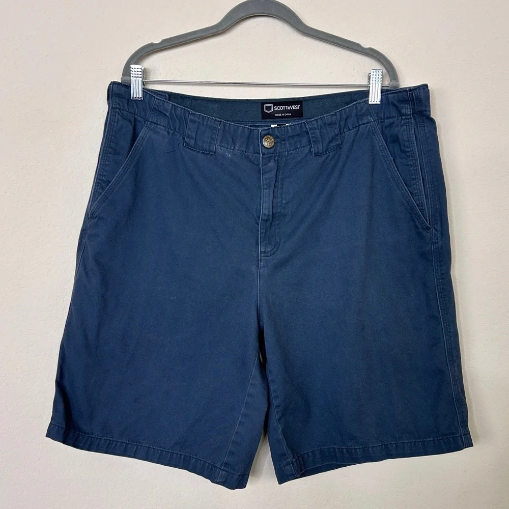 Scottevest TEC Shorts Mens 38 Beige Chino Hidden Cargo Pockets Travel Navy